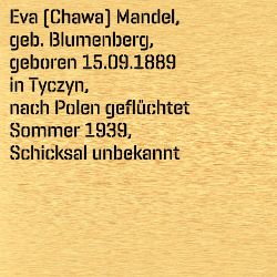 Eva Chawa Mandel, Geburtsdatum:: 15.09.1889, Geburtsort:: Tyczyn, Kr. Rzeszów, Galizien, Todesort:: Polen