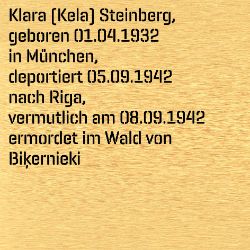 Klara Kela Steinberg, Geburtsdatum:: 01.04.1932, Geburtsort:: München, Todesdatum:: 08.09.1942, Todesort:: Riga