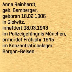 Anna Reinhardt, Geburtsdatum:: 18.02.1906, Geburtsort:: Gleiwitz, Kr. Kattowitz, Oberschlesien, Todesdatum:: 14.03.1945, Todesort:: KZ Bergen-Belsen
