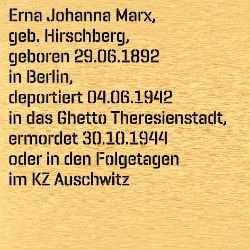 Erna Johanna Marx, Geburtsdatum:: 29.06.1892, Geburtsort:: Berlin, Todesort:: Auschwitz
