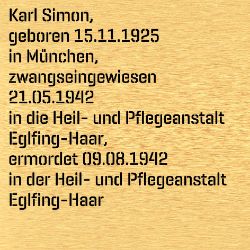 Karl Simon, Geburtsdatum:: 15.11.1925, Todesdatum:: 09.08.1942, Todesort:: Heil- und Pflegeanstalt Eglfing-Haar