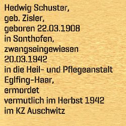 Hedwig Schuster, Geburtsdatum:: 22.03.1908, Geburtsort:: Sonthofen, Todesdatum:: 11.10.1942, Todesort:: KZ Auschwitz