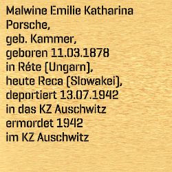 Malwine Emilie Katharina Porsche, Geburtsdatum:: 11.03.1878, Geburtsort:: Rethe, Kr. Boldogfalu, Ungarn, Todesort:: Auschwitz