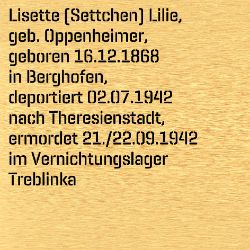 Lisette (Settchen) Lilie, Geburtsdatum:: 16.12.1868, Geburtsort:: Berghofen, Kr. Biedenkopf, Todesdatum:: 31.12.1942, Todesort:: Treblinka